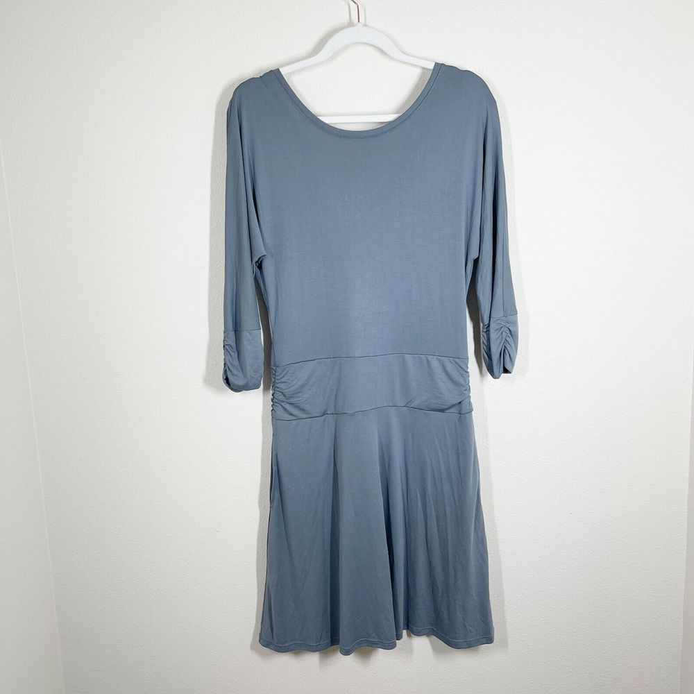 Prana Simone Criss Cross Back Dress Size M Blue 3/4‎ Sleeves Pockets Above Knee